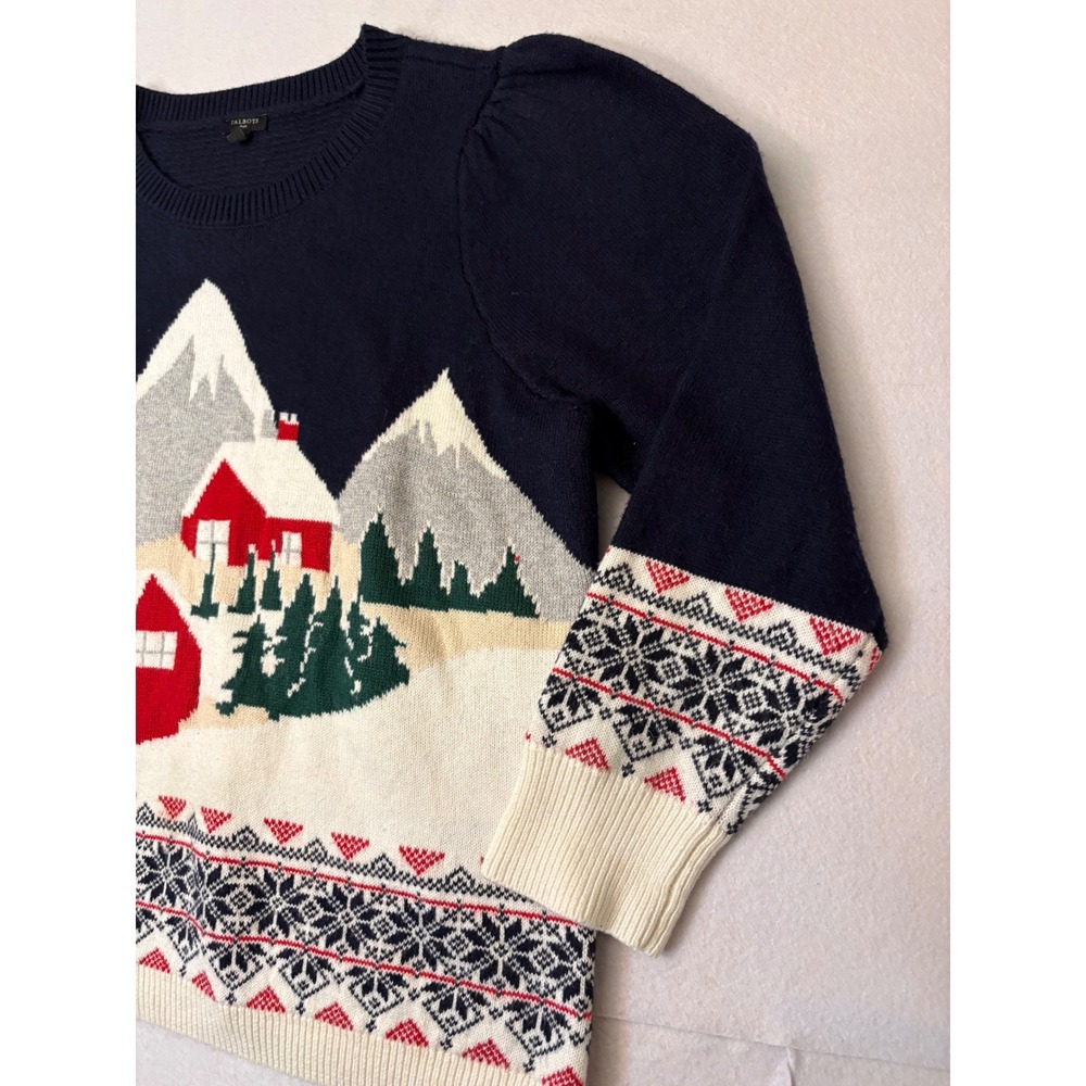 Talbots Plus Women 2X Sweater Navy Winter Mountain Cabin Fair Isle Puffed Sleeve - Picture 2 of 8